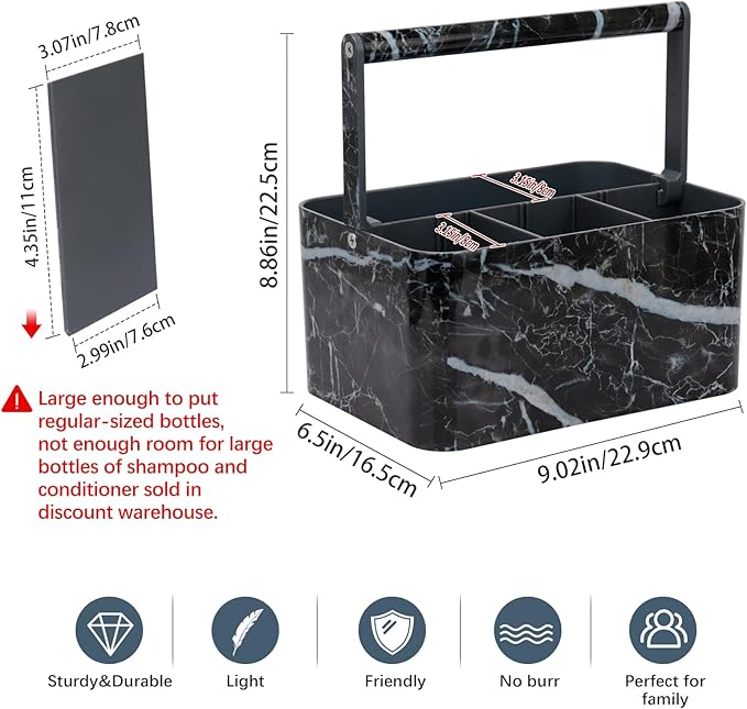 BYUNER Plastic Shower Caddy Dorm: Portable Bathroom Caddy Organizer for College with Handle and Adjustable Divider, Utility Hard Shower Basket Bath Tote for Toiletry, Shampoo, Soap (Black Marble)