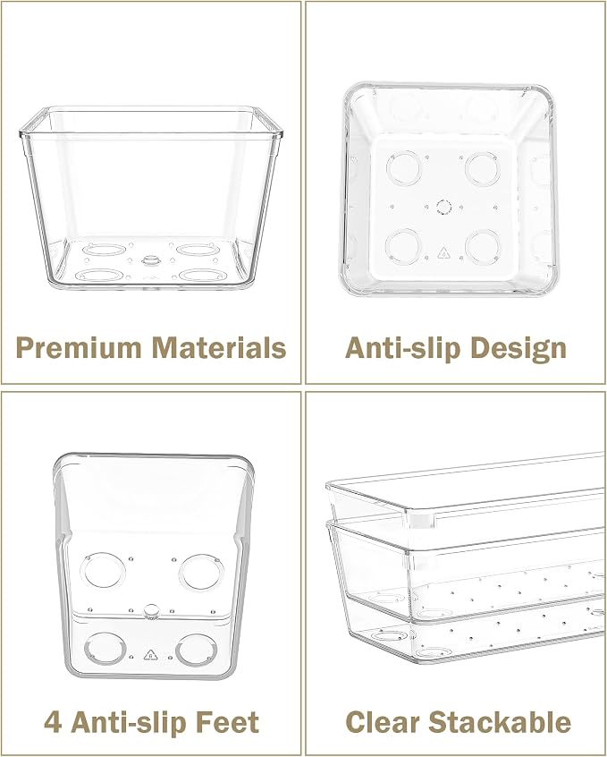 15Pcs Clear Plastic Drawer Organizers Set, 4size makeup drawer organizer trays for vanity/desk/bathroom/office/nightstand/gadgets for kitchen/desk drawer, Versatile drawer divider storage bins