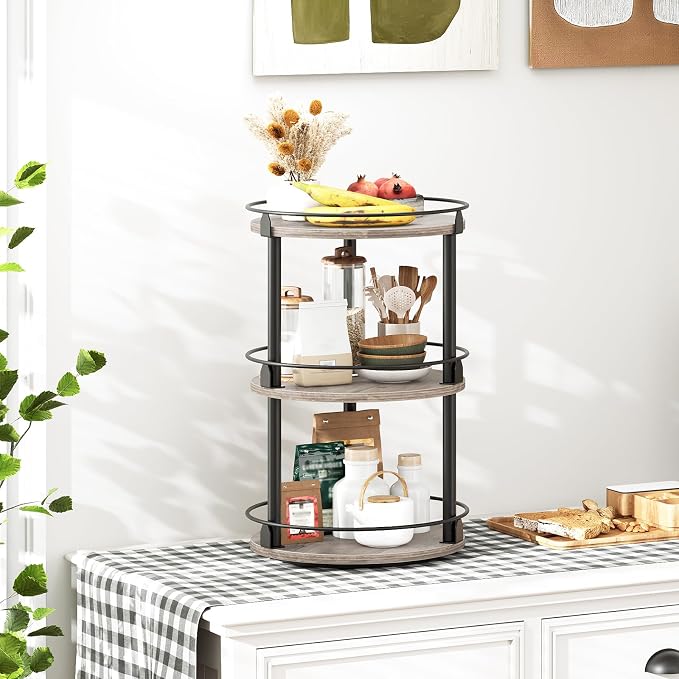 YATINEY 3-Tier Lazy Susan Organizer, Rotating Spice Rack, Spinning Organizer, Industrial Turntable Spice Rack Organizer for Cabinet, Kitchen Countertop, Greige and Black SR23BG