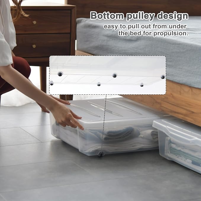 Citylife 57 QT Plastic Under Bed Storage Bins with Double-opening Lids Clear Underbed Storage Containers with Wheels for Organizing Shoes, Blankets, Clothes