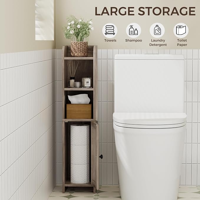 Homhedy Small Bathroom Storage Cabinet, Narrow Toilet Paper Cabinet | Corner Floor Cabinet with Door and Shelves, Slim Bathroom Cabinet for Small Spaces, 7.9" D x 7.1" W x 31" H, Greige