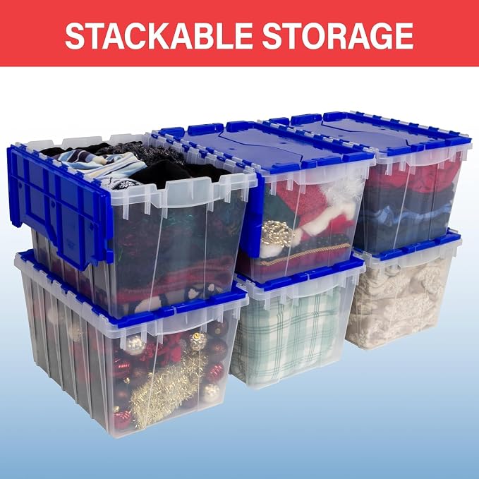 Akro-Mils KeepBox 12 Gallon Storage Container, Nesting and Stackable Plastic Storage Box with Lid Attached, Organizer Tote for Garages, Closets, and Moving, 21-1/2" x 15" x 12-1/2", Black/Yellow