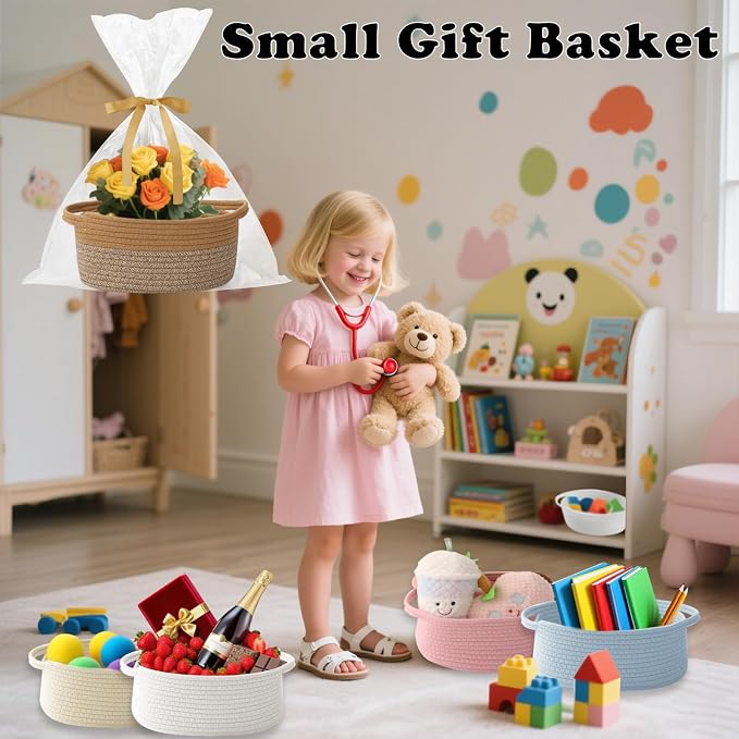 Woven Rope Basket - Baby Gift Basket with Bag & Ribbon, Jute&Brown | Cotton rope with handle, 12 x 8 x 5 in, gift bag and ribbon, for baby shower, birthday, toy storage, nursery, shelf decor