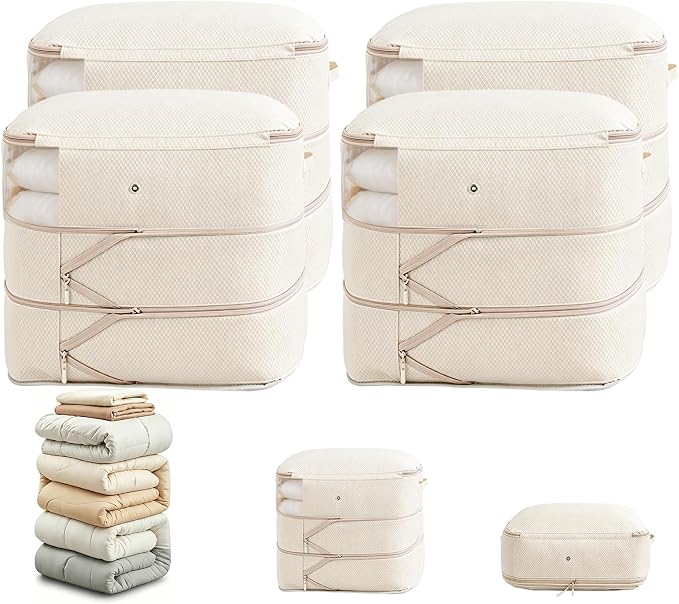 Comforter Storage Bag, Large Capacity Blanket Storage Bags 3-Layer Ultra Space Saving Self Compression Organizer, Heavy Duty Space Saver Organizer for Bedding, Clothes, Blanket, 4-Pack, Beige