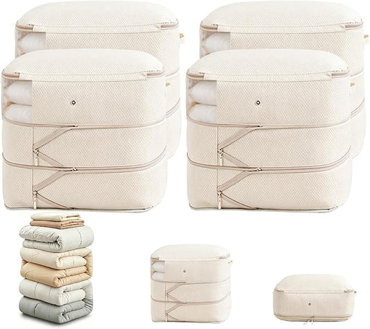 Comforter Storage Bag, Large Capacity Blanket Storage Bags 3-Layer Ultra Space Saving Self Compression Organizer, Heavy Duty Space Saver Organizer for Bedding, Clothes, Blanket, 4-Pack, Beige