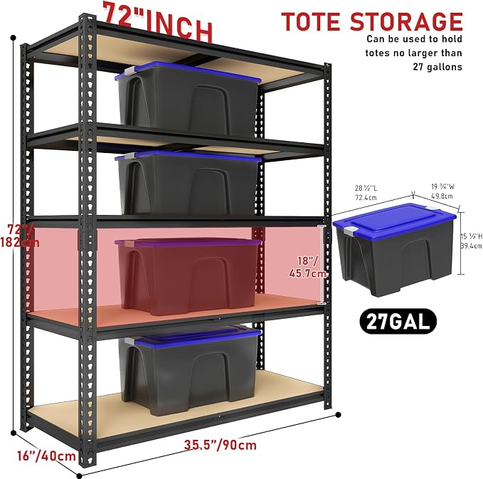 72" H Heavy Duty Garage Shelving, 2400LBS Capacity 5-Tier Storage Shelves,Adjustable Industrial Metal Garage Shelves for Basement Pantry Kitchen Warehouse, 16" D x 36" Wx72 H,Black