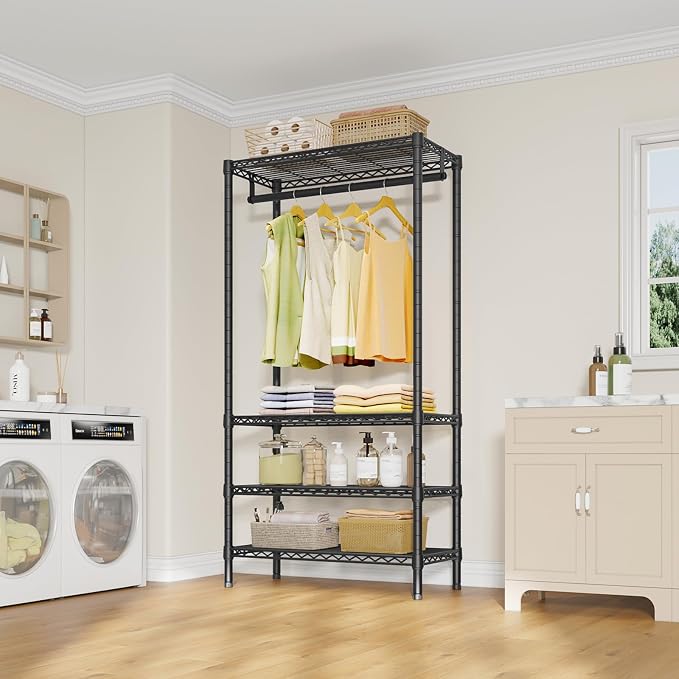 VIPEK V1 Medium Portable Garment Racks for Bedroom/Apartments/Dorms, Black | Heavy Duty Clothes Rack with 4 Tiers Adjustable Shelves & Hanging Rod, for Laundry Room/ Entry Closet, 440lbs Capacity