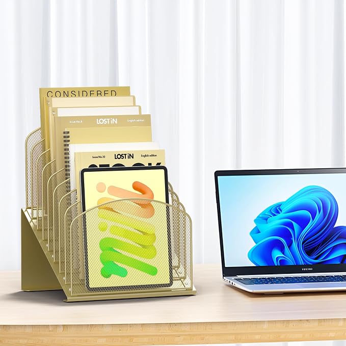 Sinboun Inclined Desk File Organizer Folder Holder with 8-Section, Gold