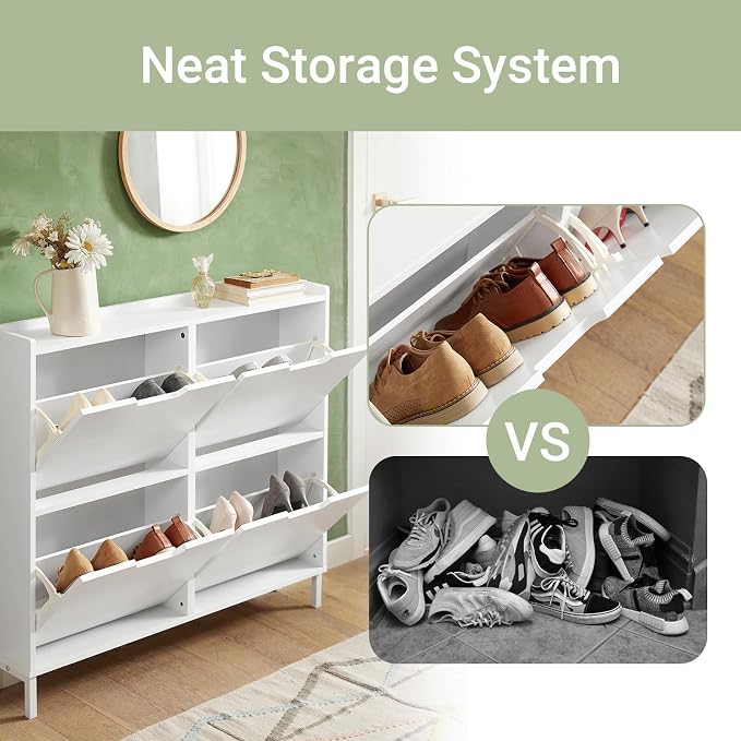 Haotian Ultra Thin Shoe Cabinet with 4 Flip-Drawers | Narrow Enclosed Shoe Rack, Slim Shoe Storage Organzier Entryway, White, FSR100-W