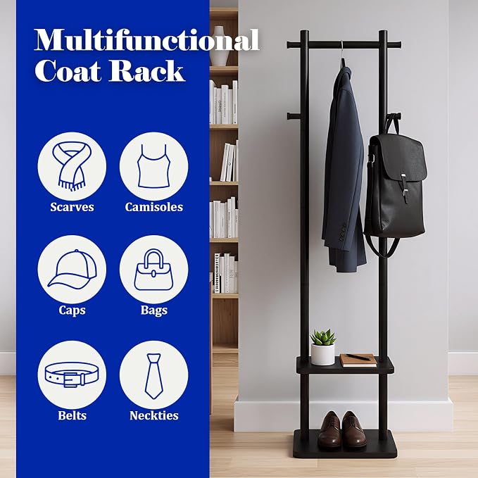 Coat Rack,Freestanding Hall Tree for Entryway Home Bedroom Office,Sturdy Wooden Coat Hanger Stand for Clothes Jacket Hats Bags(Black)