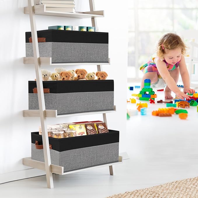 3 Pack Large Capacity Storage Bins Closet Organizer for Shelves | Fabric Closet Storage Baskets Boxes with Leather Handles for Organizing Clothes, Sheets, Jeans, Toys, Books (Black and Grey)