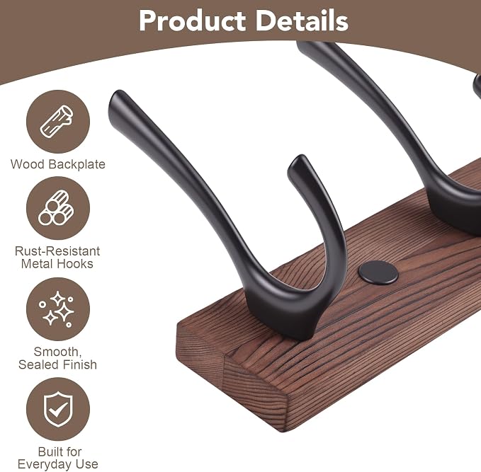 1Pack Wall Mounted Coat Rack with 5 Hooks, 15.8 Inch Wood Coat Hook | Rust-Resistant Metal Hooks, Heavy Duty Wall Hooks, Up To 45 Lb In Studs, Easy Install, For Entryway Bedroom Bathroom