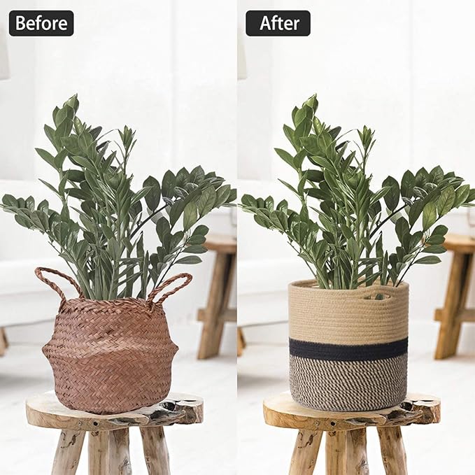 TIMEYARD Jute Rope Plant Basket, Planters for Indoor Plants, Black and Jute | 11" x 11" Storage Organizer Basket Rustic Home Decor, Wicker Planter, Woven Pot for Indoor Plants