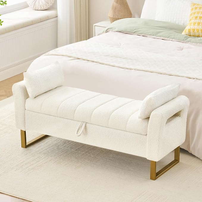 52" Storage Bench for Bedroom Upholstered End of Bed Bench Queen Size Ivory | Bedroom Benches for Foot of Bed Queen with Gold Legs,2 Pillows,Teddy Storage Ottoman Bench for Bedroom,Entryway,Cloakroom