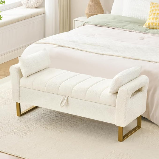 52" Storage Bench for Bedroom Upholstered End of Bed Bench Queen Size Ivory | Bedroom Benches for Foot of Bed Queen with Gold Legs,2 Pillows,Teddy Storage Ottoman Bench for Bedroom,Entryway,Cloakroom