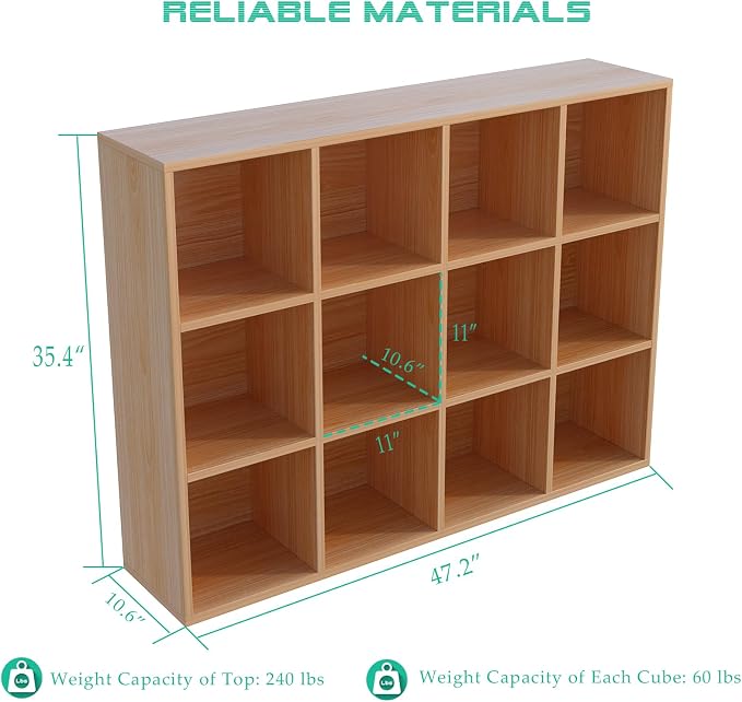 OSCHF 12-Cube Storage Shelf Bookcase, Oak | Wooden 3-Tier Open Bookshelf, Fits 11×11" Bins, Vertical or Horizontal Use, Full Back Panels, For Home Office