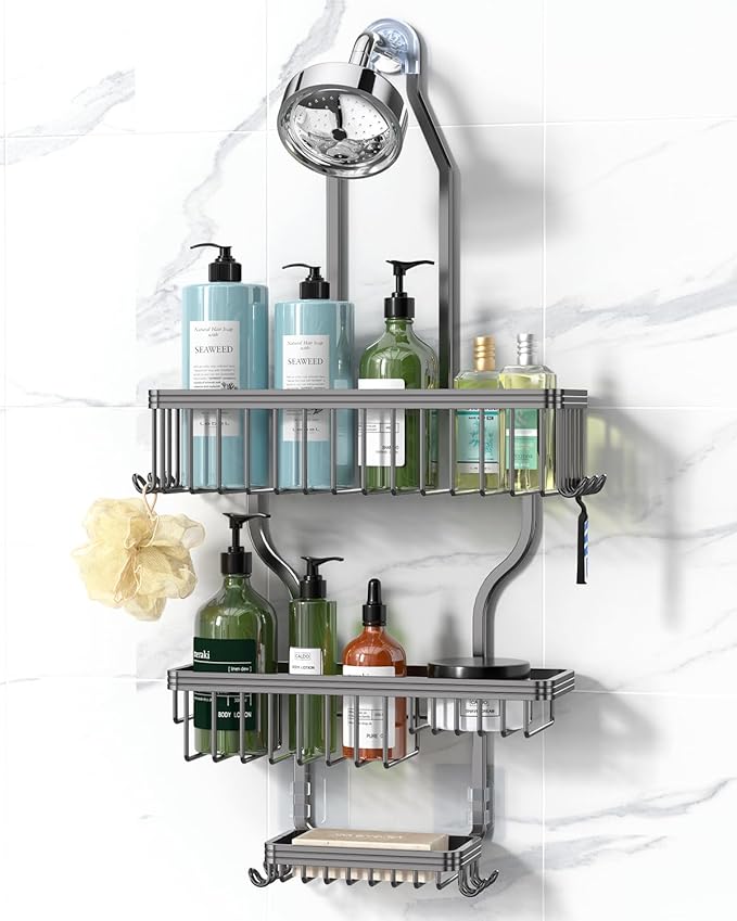 YASONIC Never Rust Shower Caddy Hanging, Aluminum Shower Racks for Inside Shower, 3-Tier Shower Organizer Hanging Over Shower Head with Hooks and Soap Holder, Grey