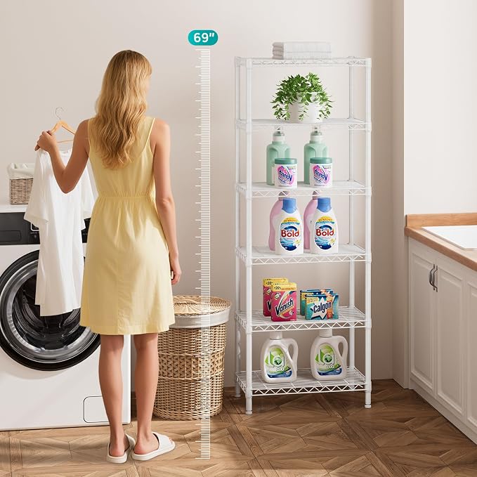 SINGAYE 6 Metal Shelves Wire Shelving Storage Shelf Adjustable Unit Pantry | 6 Tier Kitchen Laundry Room Organization Home Pantry Closet Bathroom Organizers Garage Rack 12" D x 22" W x 69.5" H White