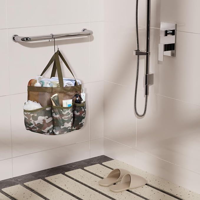 Mesh Shower Caddy Portable - 8 Pockets, S-Hook, Shower Bag for Dorm Camping | 2-Handle, Quick-Dry, Toiletry Organizer, College Dorm Room Essentials for Girls, Gym, Travel & Bathroom, Brown Camouflage