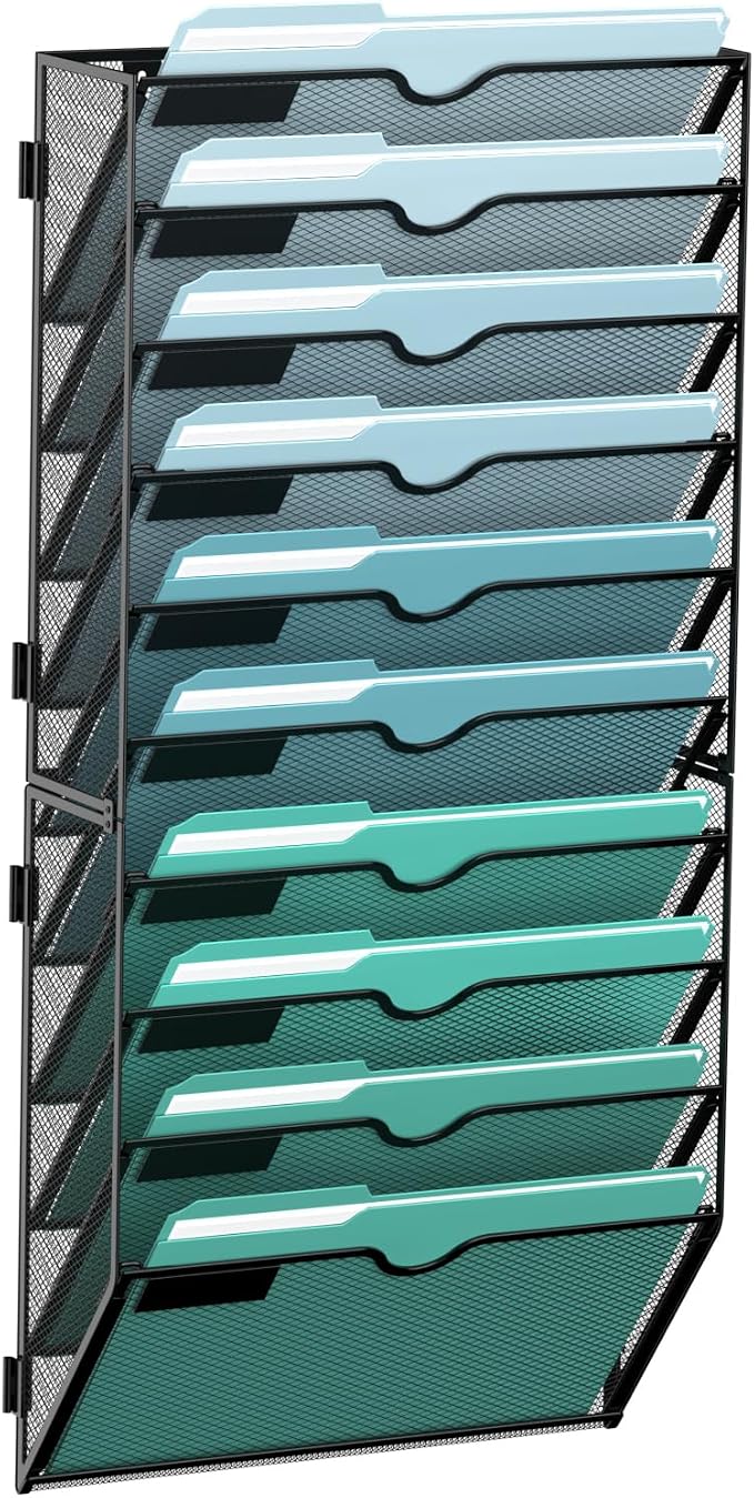 10-Tier Wall File Organizer, Hanging File Holder, Wall Mounted Mail Sorter | Metal Mesh Hanging File Organizer with Open Compartments and Label Panels for Papers and Folders at Home, Office or School