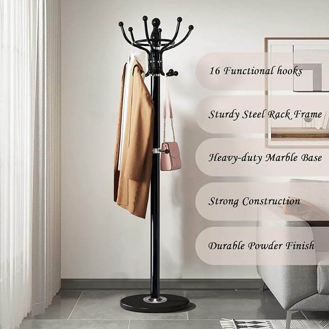 Kertnic Freestanding Coat Rack with 16 Hooks & Marble Base - Heavy Duty Metal Hall Tree Stand for Entryway, Hats, Coats, Bags Rack- Modern Hanger Organizer for Home, Office, Dorm (16 hooks -Black)
