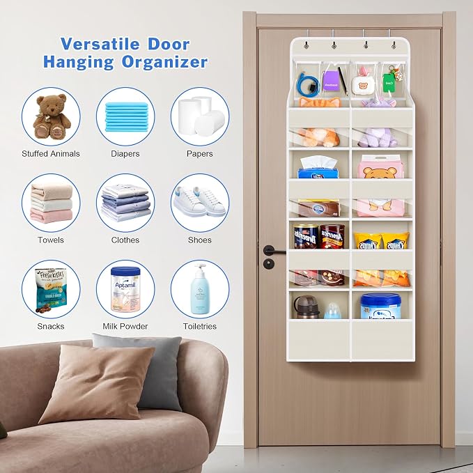Univivi Upgraded Over the Door Organizer for Baby Nursery, Beige, 5-Shelf | Fabric Door Organizer with Clear Window Deep Pockets, Over Door Hanging Organizer for Baby Essential, Bedroom, and Dorm