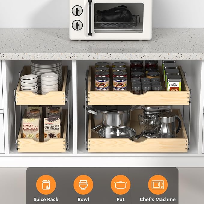 21" Deep 2-Tier Pull Out Cabinet Organizer - Wood Pull Out Drawers | Slide Out Shelves, Full-Extension, Ball-Bearing Slides, 3 Adjustable Heights (2-Tier, 23'W X 21''D Overall)