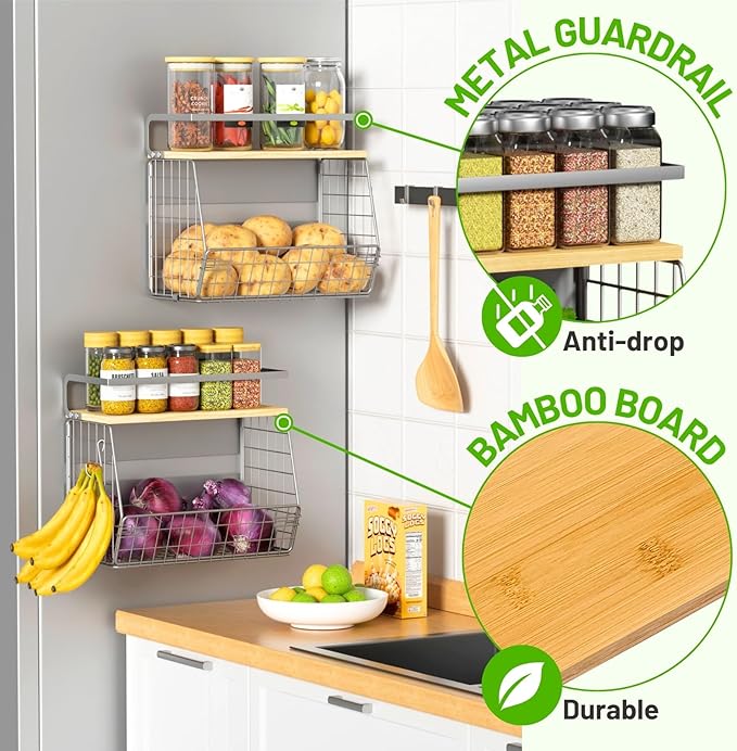 Magnetic Fridge Shelf with Wood Lid, Fruit Potato Onion Storage Bins, Pantry Organizers, Large Container Spice Rack for Refrigerator, Kitchen Counter, Cabinet (2, Silver)