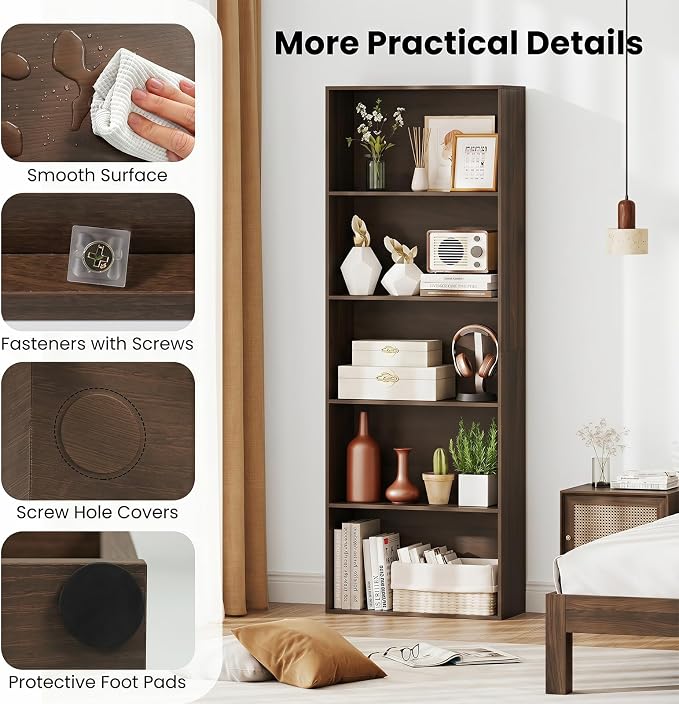 Giantex 5-Tier Bookshelf, Freestanding Bookcase with 5 Open Shelf | Modern Display Shelf, Storage Organizer for Living Room, Home Office, Dark Walnut