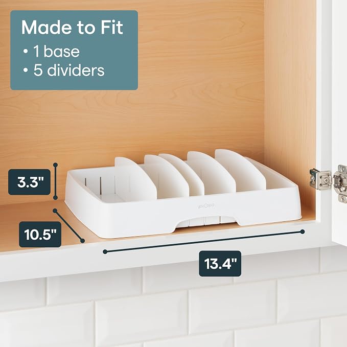YouCopia StoraLid Food Container Lid Organizer for Kitchen Cabinet Storage with 5 Adjustable Dividers, 10.5''D × 13.4''W × 3.3''H, Large Classic Edition, White