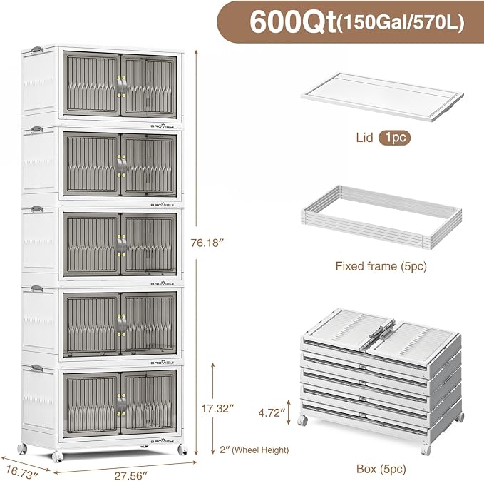 BROVIEW 600 Qt Stackable Storage Bins with Lid, Plastic Closet Organizers and Storage Drawer, Collapsible Storage Box with Wheels, Folding Storage Cabinet for Closet Clothes Organization, 5Pack White