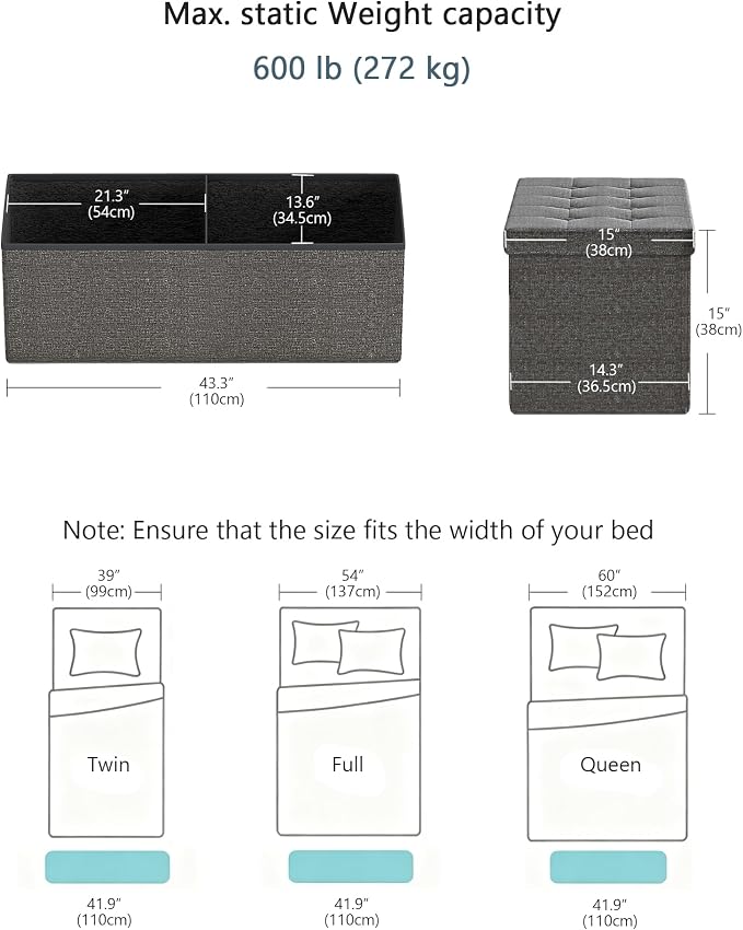 GLAXYFUR 43 Inches Folding Storage Ottoman Bench, Storage Chest, Grey | Ottoman Foot Rest, End of Bed Bench, Load 660 lb, Storage Box for Living Room, Bedroom, Entryway
