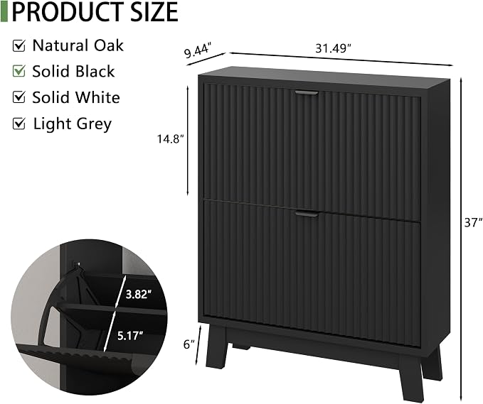 Xixini Shoe Cabinet with 2 Flip Drawers, 37" Tall Narrow Fluted Shoe Storage Organizer for Entryway, Hidden Slim Wooden Shoe Rack Cabinet for Front Door Entrance, Hallway, Living Room, Solid Black