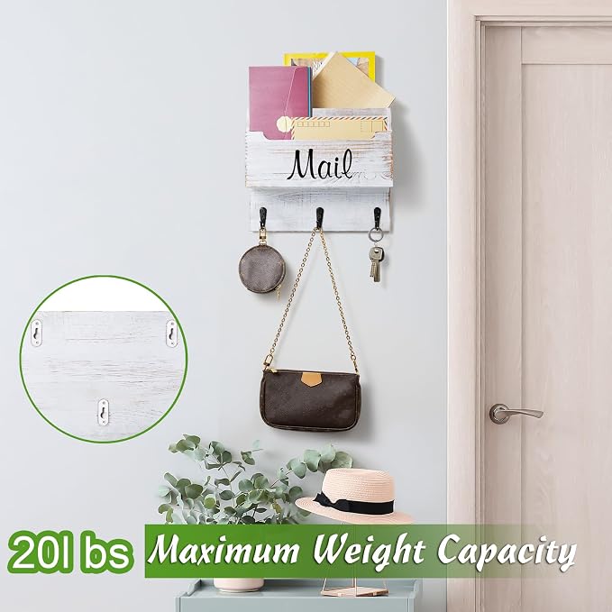 DRASTAR Mail Organizer Wall Mounted, Wooden Mail & Key Holder for Wall, Hanging Mail Organizer, Retro White Mail Basket for Home Office