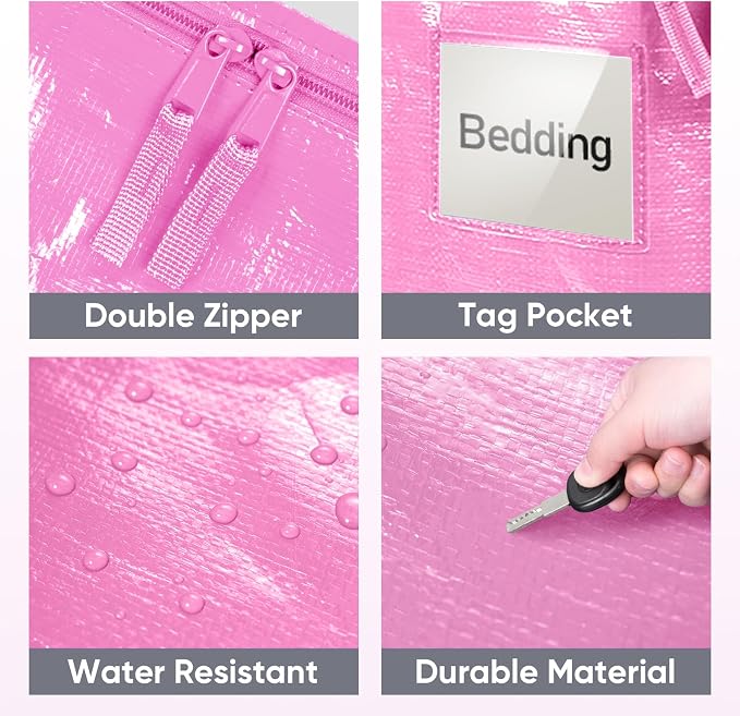TICONN 4 Pack Extra Large Moving Bags Heavy Duty with Zippers & Carrying Handles, Durable Storage Bags Moving Boxes for Closet Organizers and Storage (4 Pack, Pink)