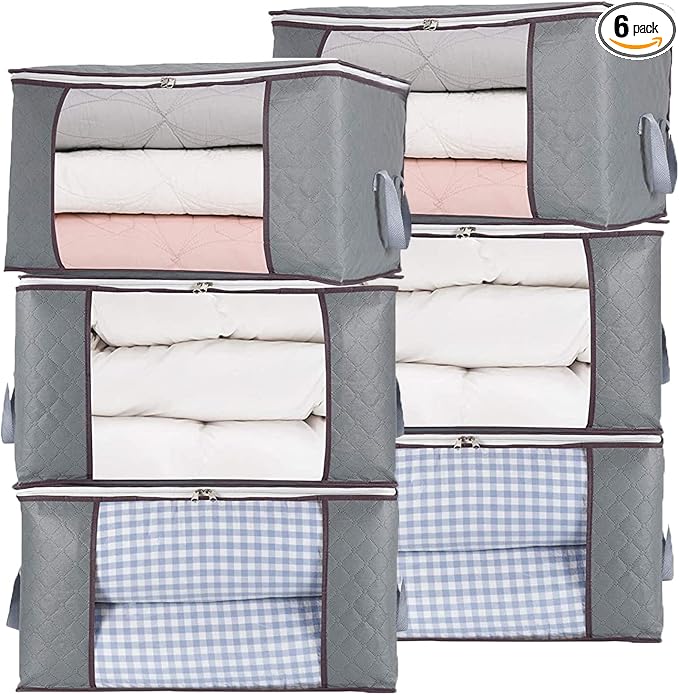 combocube 6Pcs Zippered Storage Bag for Closet King Comforter, pillow, quilt, bedding, Clothes, Blanket Organizers with Large Clear Window & Carry Handles Space Saver