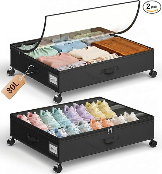 Yecaye 80L Large Under Bed Storage Containers with Wheels, 2 Pack, Black | 80L Capacity, Space-saving, 360° Rolling Wheels, Clear Window & Label, Sturdy Fabric, For Clothes, Shoes, Blankets