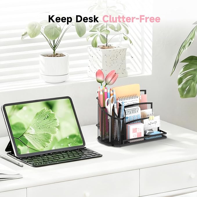 Desk Organizer with 3 Compartment Pen Holder, 3-Slot Mail Organizer and Flower Tube, Metal Mesh Bill Organizer for Pencil, Envelope, Letter and Office Supplies, Black