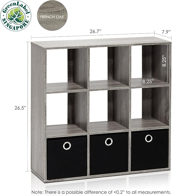 9-Cube Bookshelf with Storage Bins, Cube Storage Organizer Bookcase, Open Storage Book Shelf, 7.9 x 26.5 x 26.7, for Living Room, Home Office, Bedroom, French Oak Grey