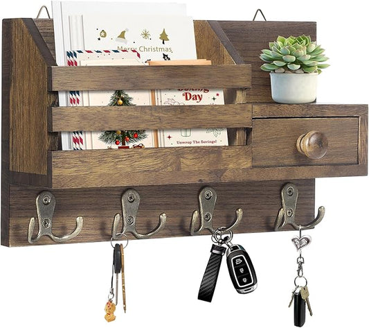 Key Holder Wall Mount, Wooden Key and Mail Organizer, Brown | 2 Mount Options, Includes 8 Hooks, Fence Mail Slot, Small Drawer and Shelf, for Entryway, Hallway, Doorway, Living Room, RV