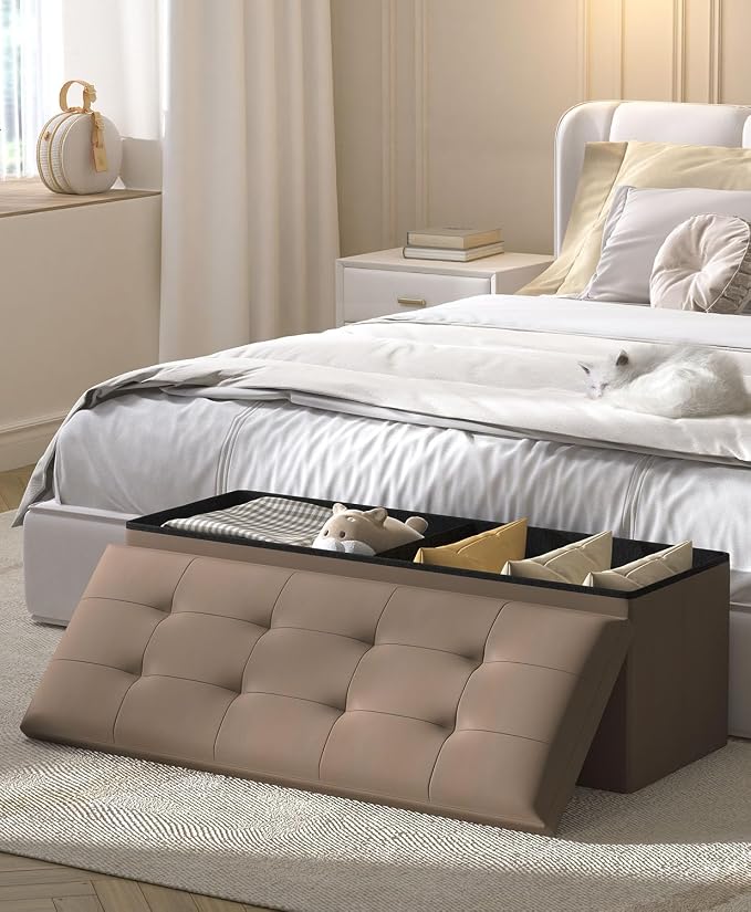 Folding Storage Ottoman Bench, Brown, 43 Inches | Multi-Functional Ottoman Foot Rest, End of Bed Bench, Storage Chest, Living Room, Bedroom, Hallway, Entryway, 600 lb Capacity