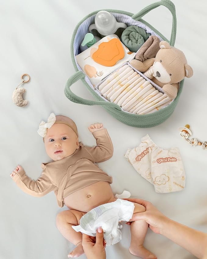 Maliton Diaper Caddy Organizer for Baby, Portable Diaper Storage Organizer for Changing Table and Car, Cotton Rope Nursery Storage Bin Basket for Baby Shower, Newborn Essentials Must Haves - Green