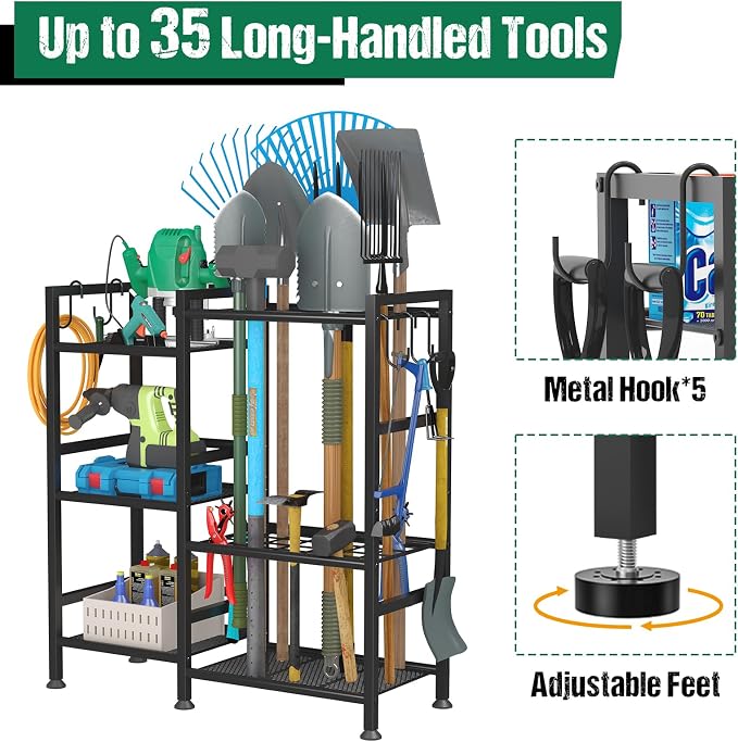 keomaisyto Garden Tool Organizer with Large Hooks, Garage Storage Rack | 3 Tier Yard Tool Holder with 35 Long-Handled Tool Slots, Heavy Duty Garden Tool Rack for Shed, Yard, Garage
