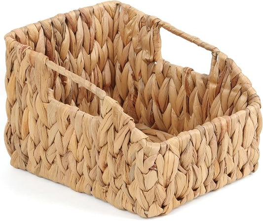 FEILANDUO Wicker Basket with Handles, Handwoven Storage Basket for Pantry, Trapezoid Decorative Baskets for Shelves Home Organizer (Natural(Water Hyacinth), 7.48"L x 9.44"W x 6.49"H)