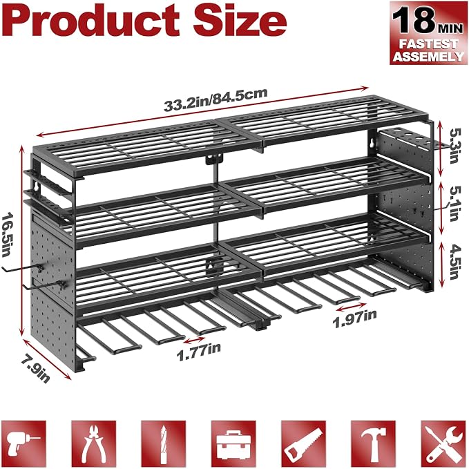 33" Metal Power Tool Organizer Wall Mount,4 Tier,Black | Heavy-Duty Metal,320 LBS Capacity,8 Cordless Drill Holders,Adjustable Hooks,Tool Shelf for Garage Workshop Shed,Pegboard