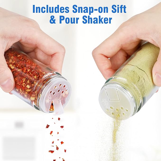 CANTAMI Spice Rack Organizer with Jars for Cabinet(20Pcs), Revolving | Stainless Steel/Wooden Countertop Rack Tower Organizer for Kitchen Pantry with Reusable Labels/Funnel/Brushes