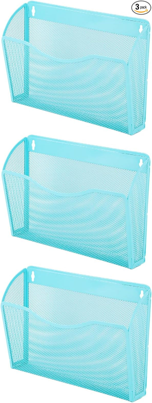 EASEPRES 3 Single Pocket Mesh Hanging File Organizer, Vertical Wall Mounted Magazine File Holder, Mount Basket Mail Paper Document Folder Organizing for Office, Home and School, Blue