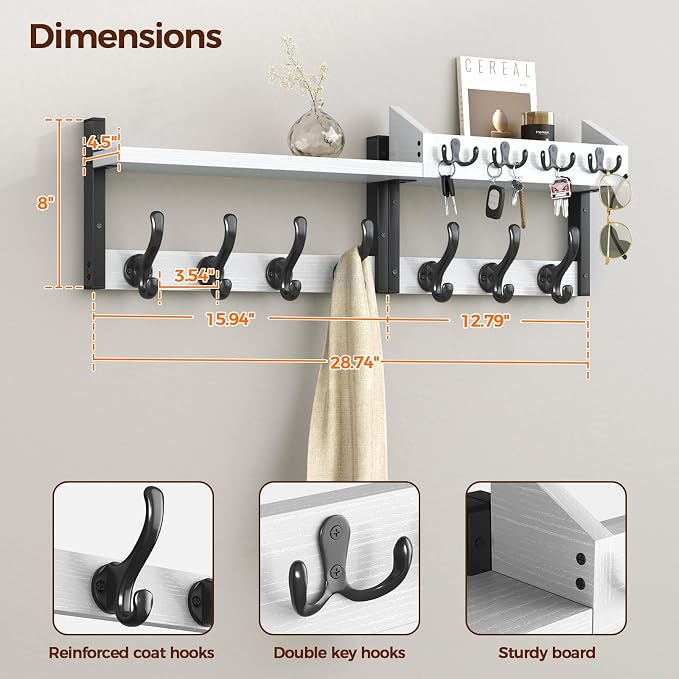 Evermagin 29" Coat Rack Wall Mount with Shelf for Entryway, White | Wall Mounted Coat and Key Rack with Hooks, Key Holder with Mail Organizer for Wall, Living Room, Mudroom, Bedroom
