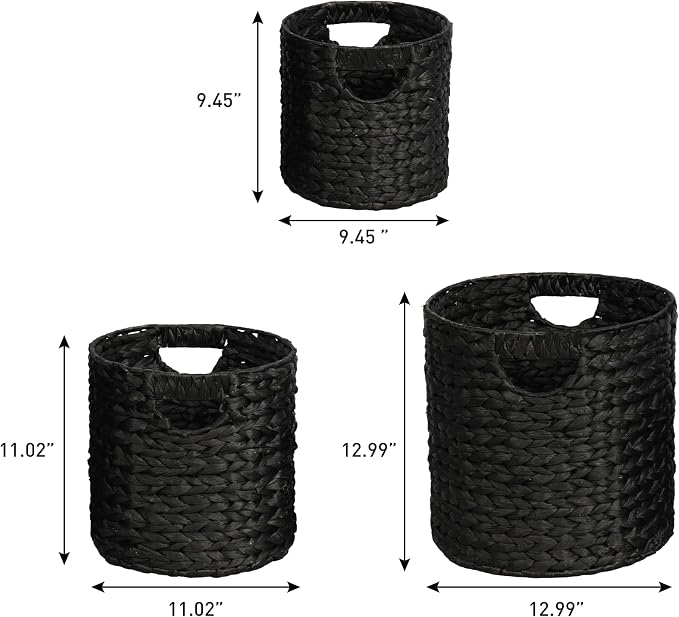 happimess Avery 3-Piece Cylinder Nesting Baskets 13", Black | Hyacinth, Bohemian Cottage Style, Handwoven Wicker, Iron Metal Frame, Decorative Storage For Toys And Books, Built In Handles