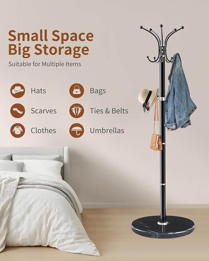 Snaikor Metal Coat Rack Stand with Natural Marble Base, Modern Coat Rack Freestanding, 360°Rotary Coat Racks with 14 Hooks, Heavy Duty Coat Hall Tree Hanger Stand for Entryway, Office